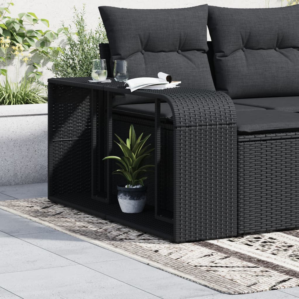 Two black poly rattan outdoor storage shelves, one large and one small, with open and hidden compartments.