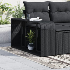 Two black poly rattan outdoor storage shelves, one large and one small, with open and hidden compartments.