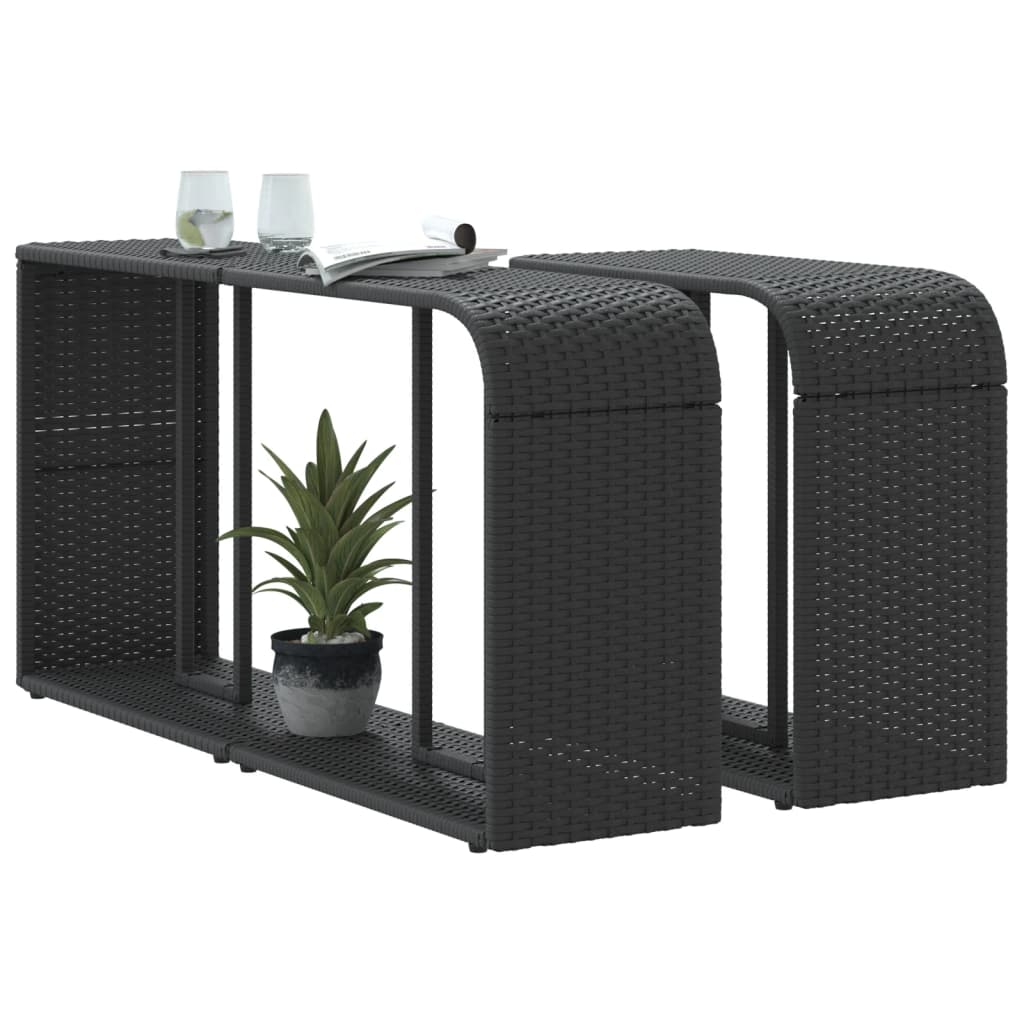 Two black poly rattan outdoor storage shelves, one large and one small, with plants and glasses on top.