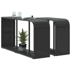 Two black poly rattan outdoor storage shelves, one large and one small, with plants and glasses on top.
