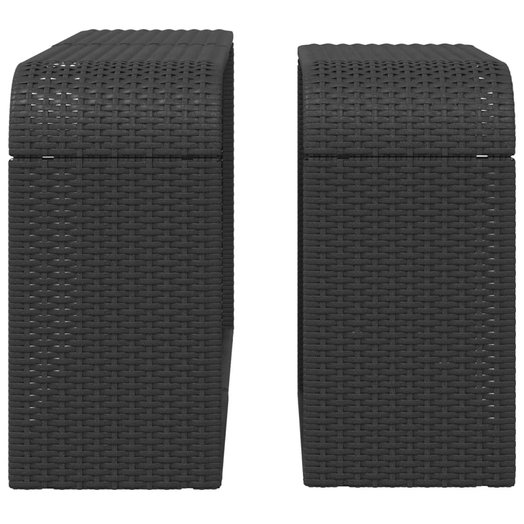 Two black poly rattan outdoor storage shelves, one large and one small, with woven texture.