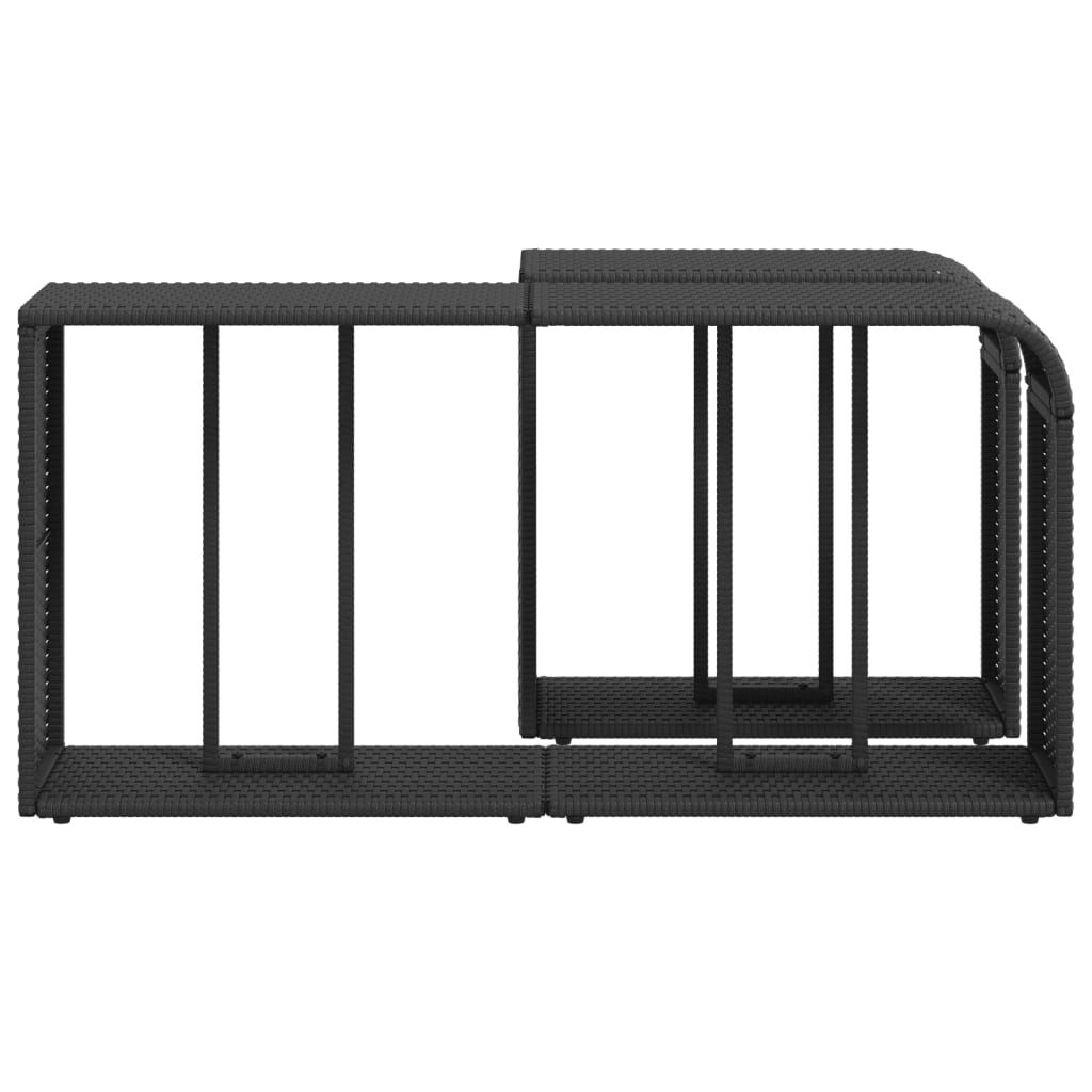 Two black poly rattan outdoor storage shelves, one long and one short, in a nested L-shape.