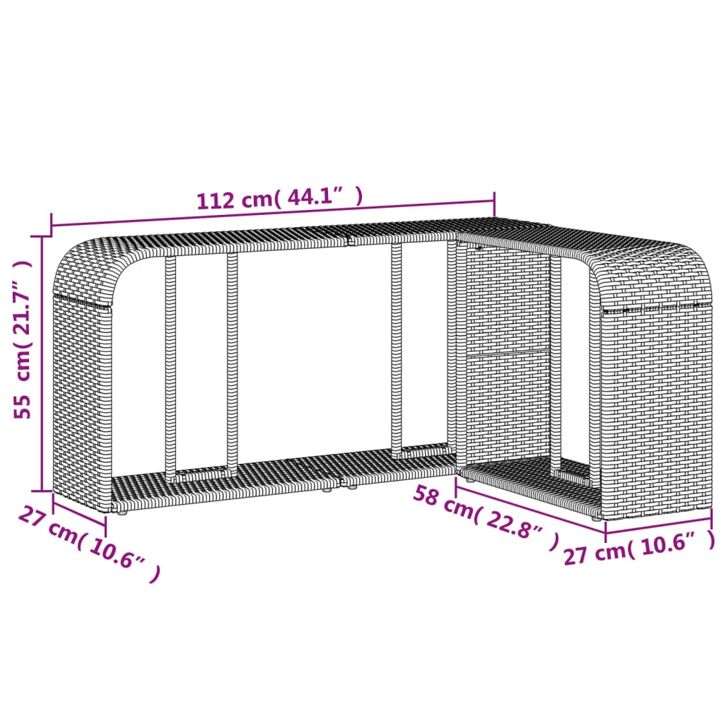 Two black poly rattan outdoor storage shelves in L-shape with dimensions 112 cm by 58 cm.
