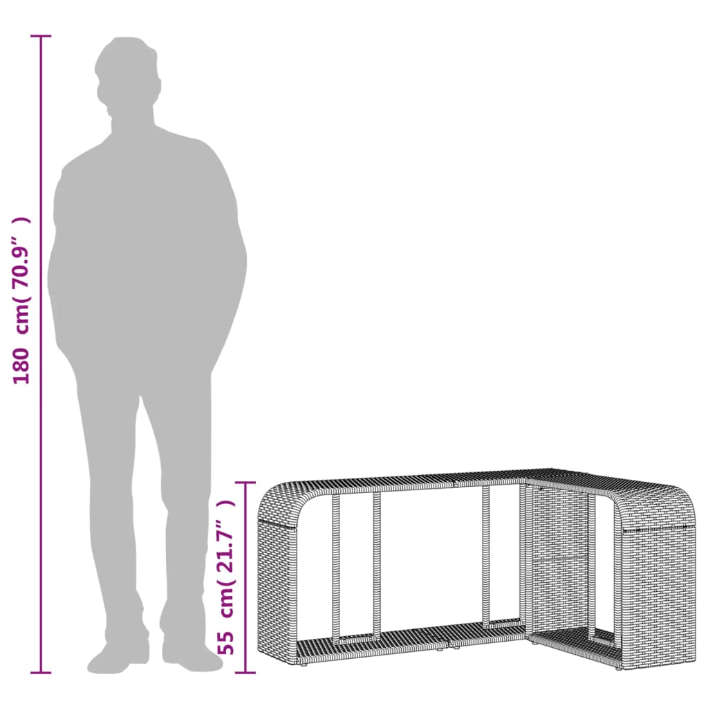 Gray silhouette of a 180 cm man beside black poly rattan L-shaped outdoor storage shelf measuring 70.8 cm high and 55 cm wide.