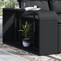Two black poly rattan outdoor storage shelves, one large and one small, with open shelves and a hidden compartment, placed on a patio.