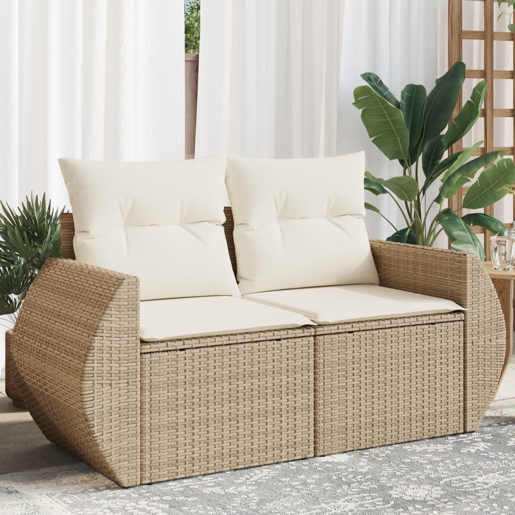 Garden Sofa Beige Poly Rattan, Powder-Coated Steel, Polyester