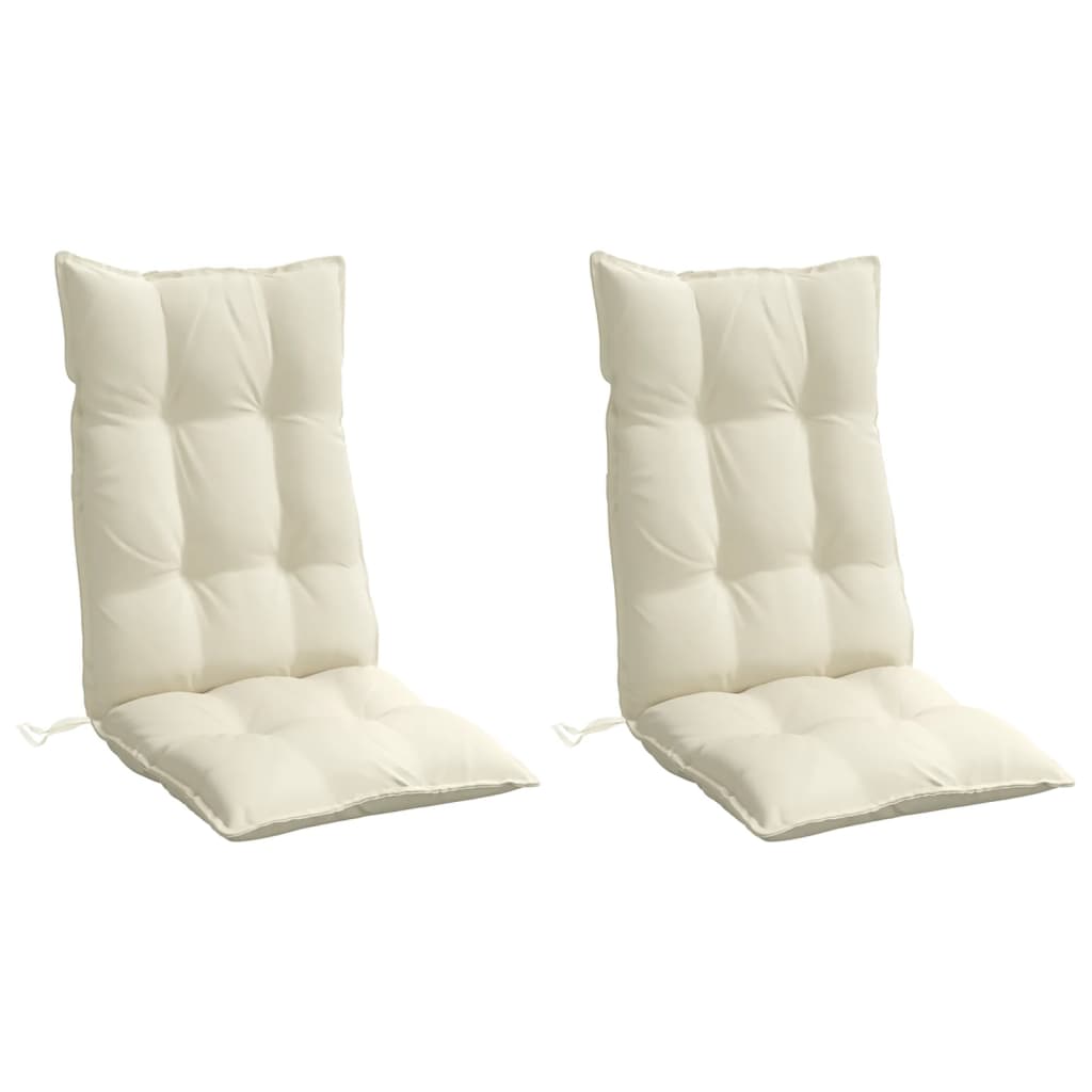 Two cream Oxford fabric highback chair cushions with tufted design and ties.
