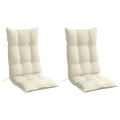 Two cream Oxford fabric highback chair cushions with tufted design and ties.