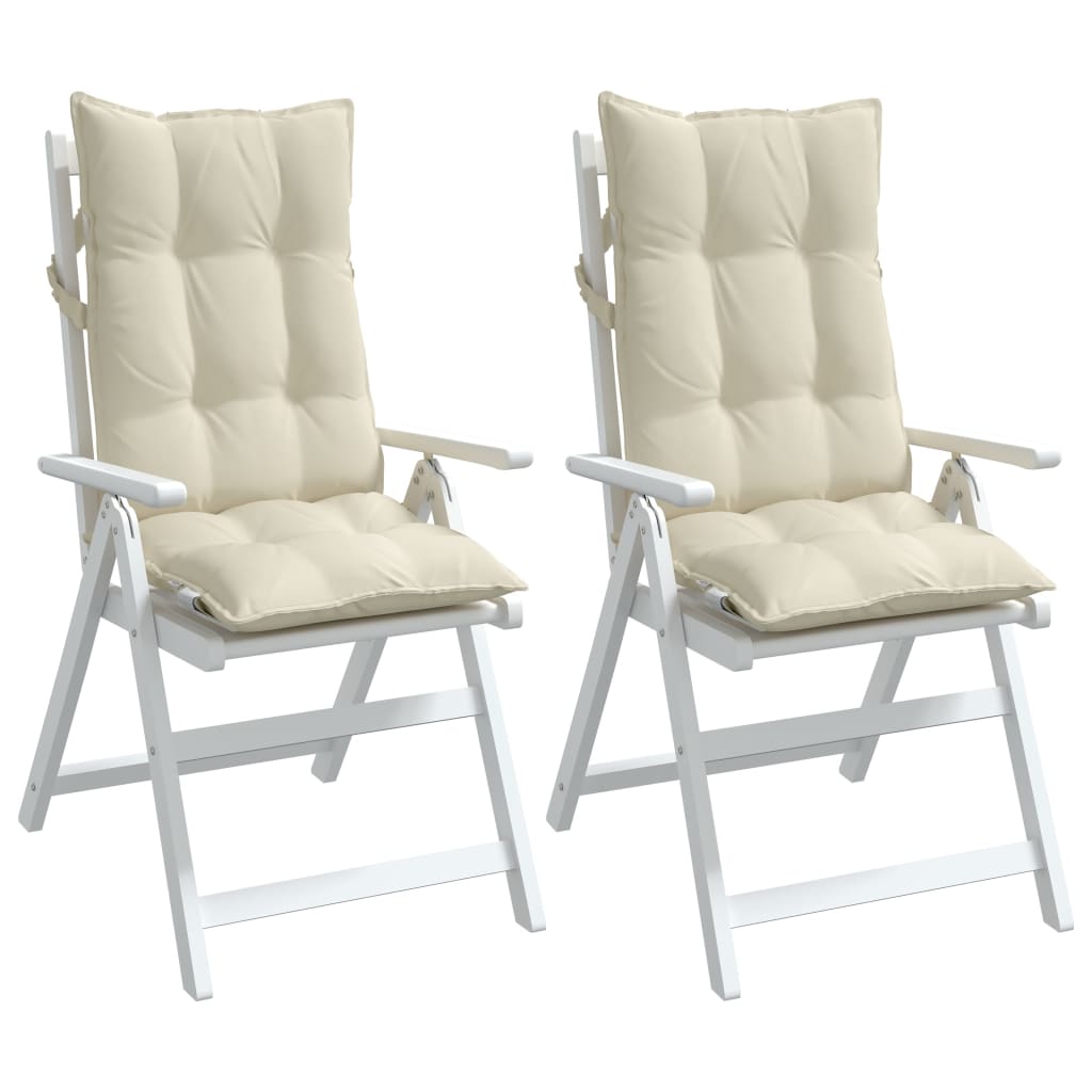 Two cream Oxford fabric highback chair cushions with tufted design and straps for securing.
