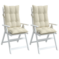 Two cream Oxford fabric highback chair cushions with tufted design and straps for securing.