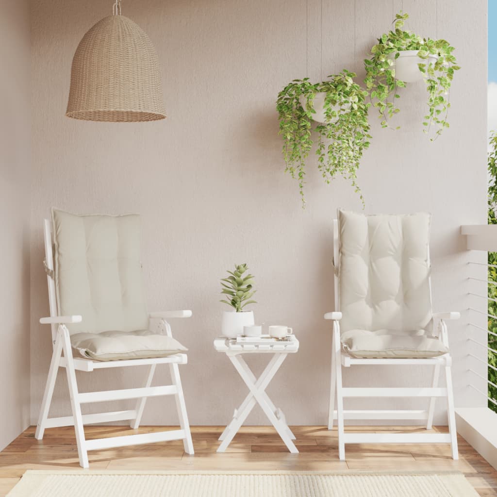 Two cream Oxford fabric highback chair cushions with straps for outdoor or indoor use.