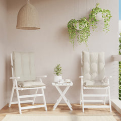 Two cream Oxford fabric highback chair cushions with straps for outdoor or indoor use.