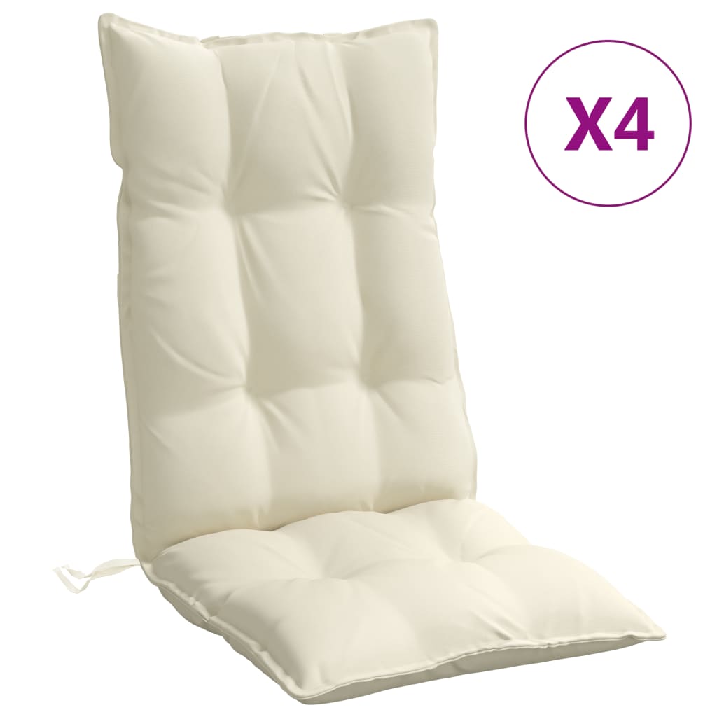 A cream highback chair cushion with tufted sections and ties at the bottom, indicating a pack of four.