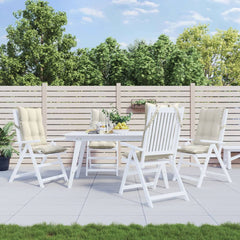 Four cream highback chair cushions are shown on white outdoor chairs around a table.