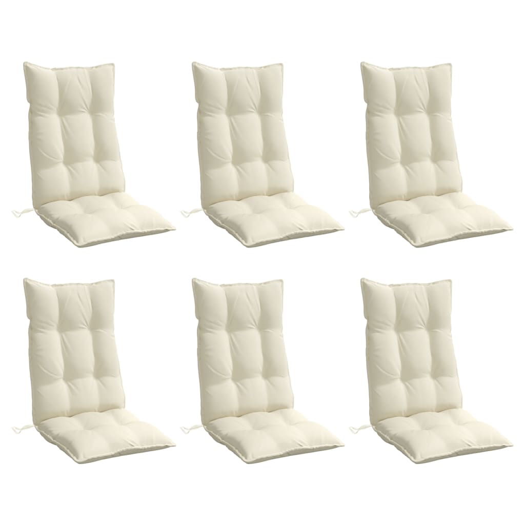 Cream highback chair cushions in Oxford fabric, set of six, with non-slip straps and soft filling.