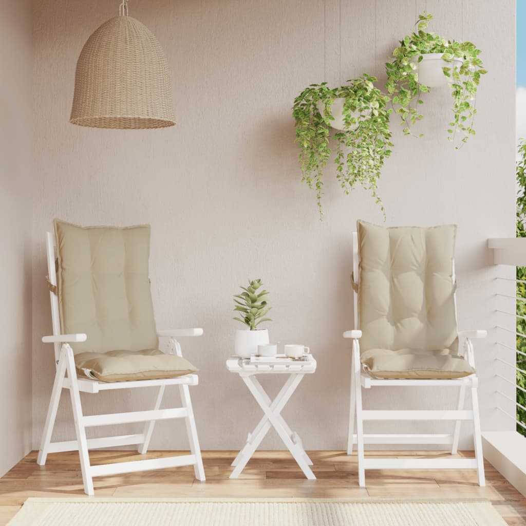 Beige highback chair cushions made of water-resistant Oxford fabric, set of two.