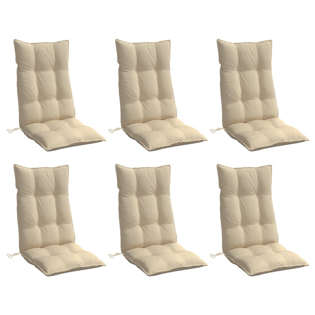 Six beige Oxford fabric highback chair cushions with tufted design and ties.