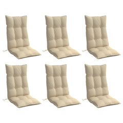 Six beige Oxford fabric highback chair cushions with tufted design and ties.