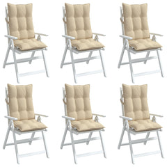 Six beige Oxford fabric highback chair cushions with tufted padding and straps.