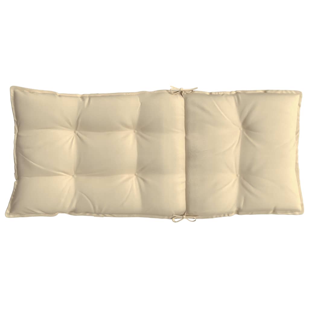Beige Oxford fabric highback chair cushions with tufted design and ties, 6-pack.