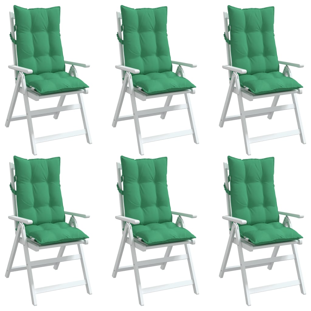 Green Oxford fabric highback chair cushions in a 6-pack with soft filling and non-slip straps.