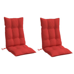 Two red Oxford fabric highback chair cushions with tufted design and ties, shown as a pair.