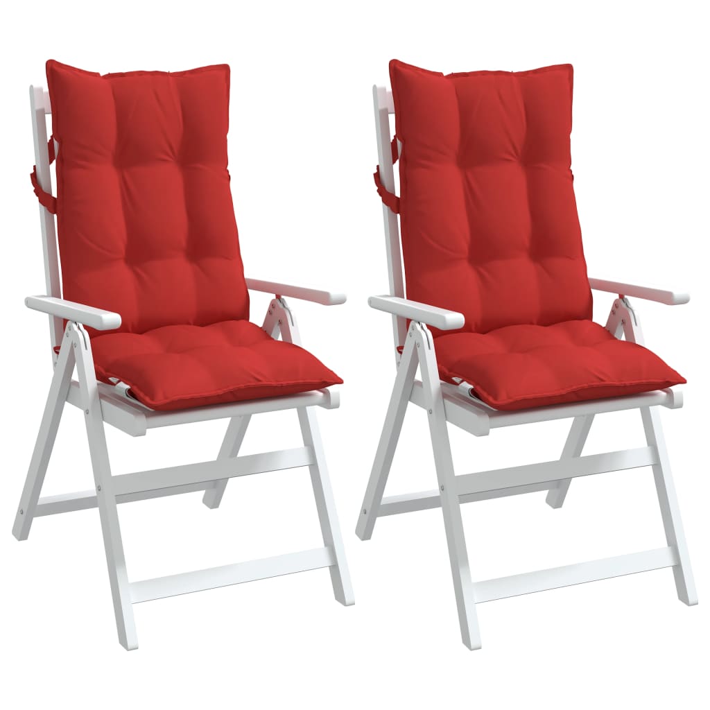Two red Oxford fabric cushions with ties for highback chairs, shown on white folding chairs.