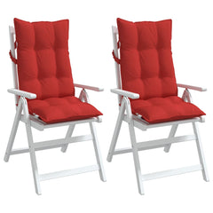 Two red Oxford fabric cushions with ties for highback chairs, shown on white folding chairs.