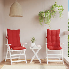 Two red Oxford fabric highback chair cushions on white chairs with a small table.