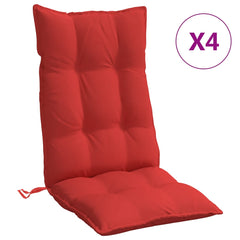 Set of four red Oxford fabric highback chair cushions with tufted design and straps.