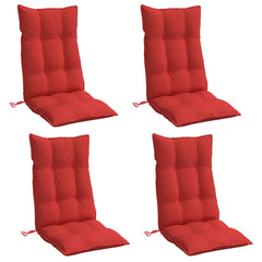 Four red Oxford fabric highback chair cushions with tufted padding and ties.