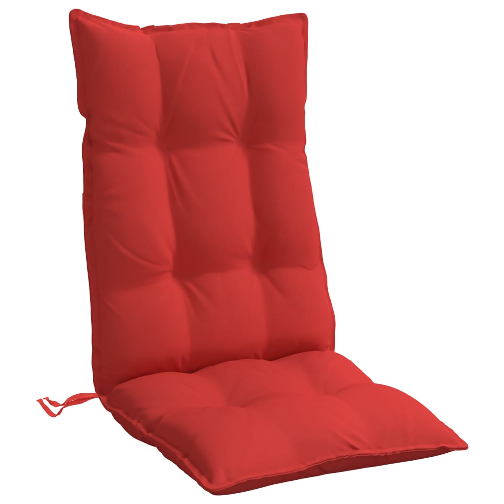 Set of four red Oxford fabric highback chair cushions with tufted design and straps.