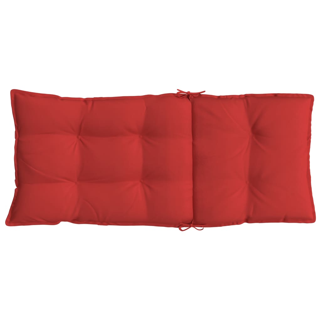 Four red Oxford fabric cushions for highback chairs, with tufted design and ties.