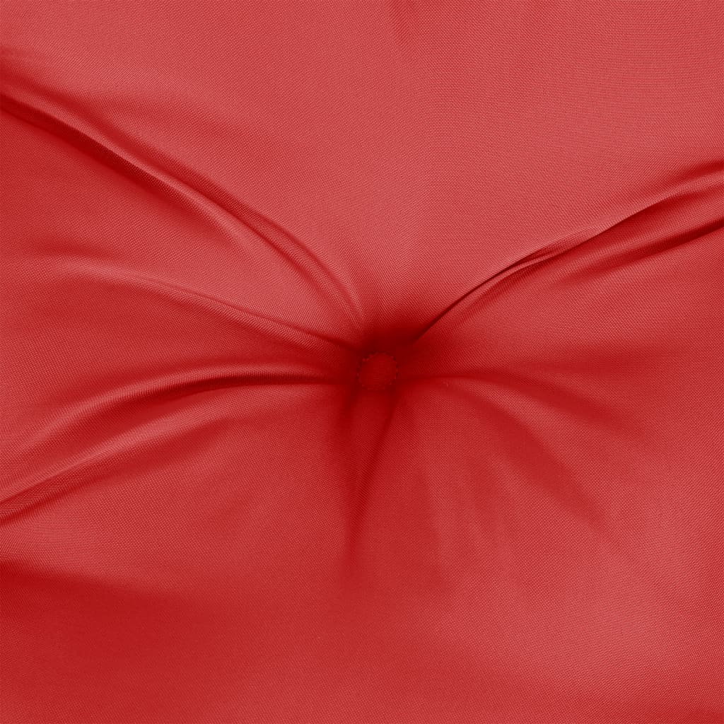 Set of four red Oxford fabric cushions for highback chairs with tufted center and straps.