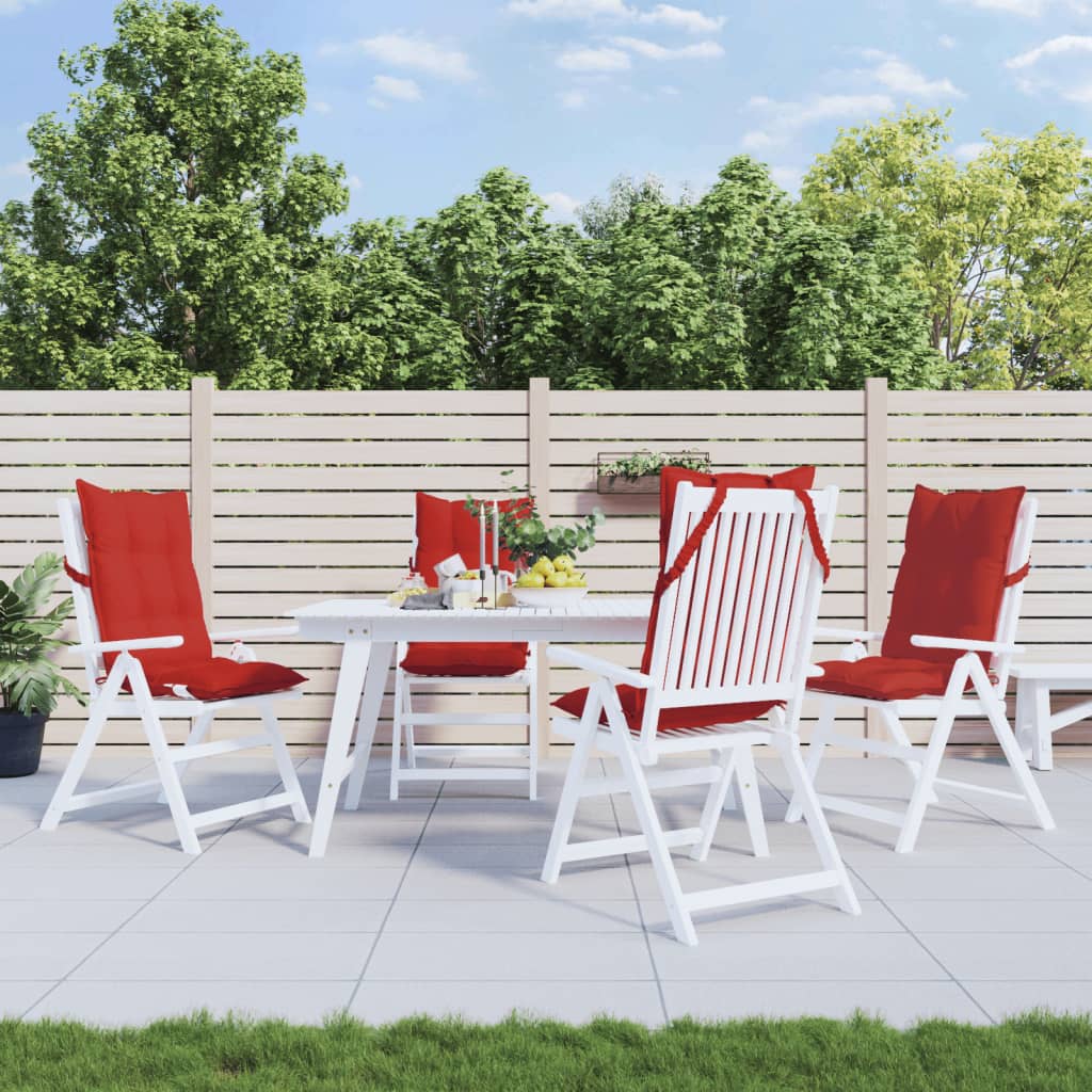 Four red Oxford fabric cushions on white highback chairs around a patio table.