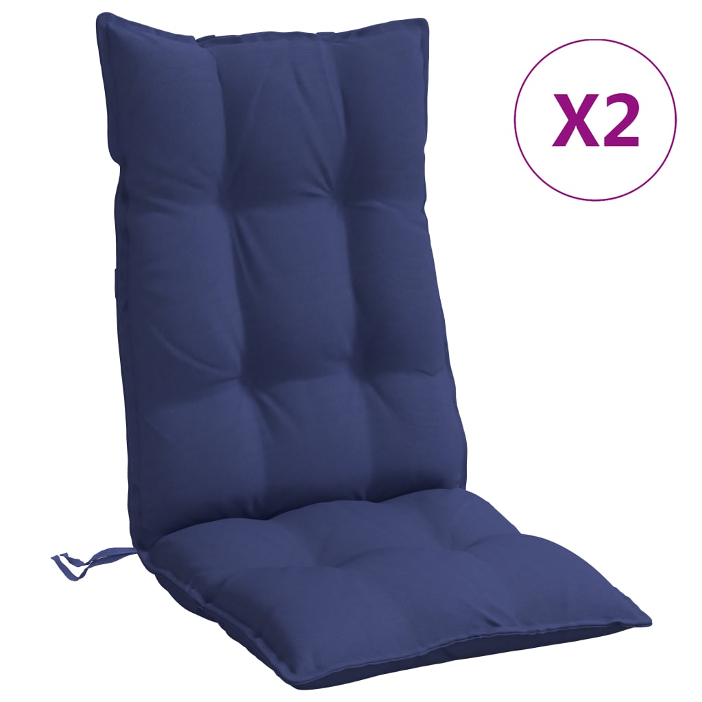 Navy blue highback chair cushions made of water-resistant Oxford fabric, set of two.