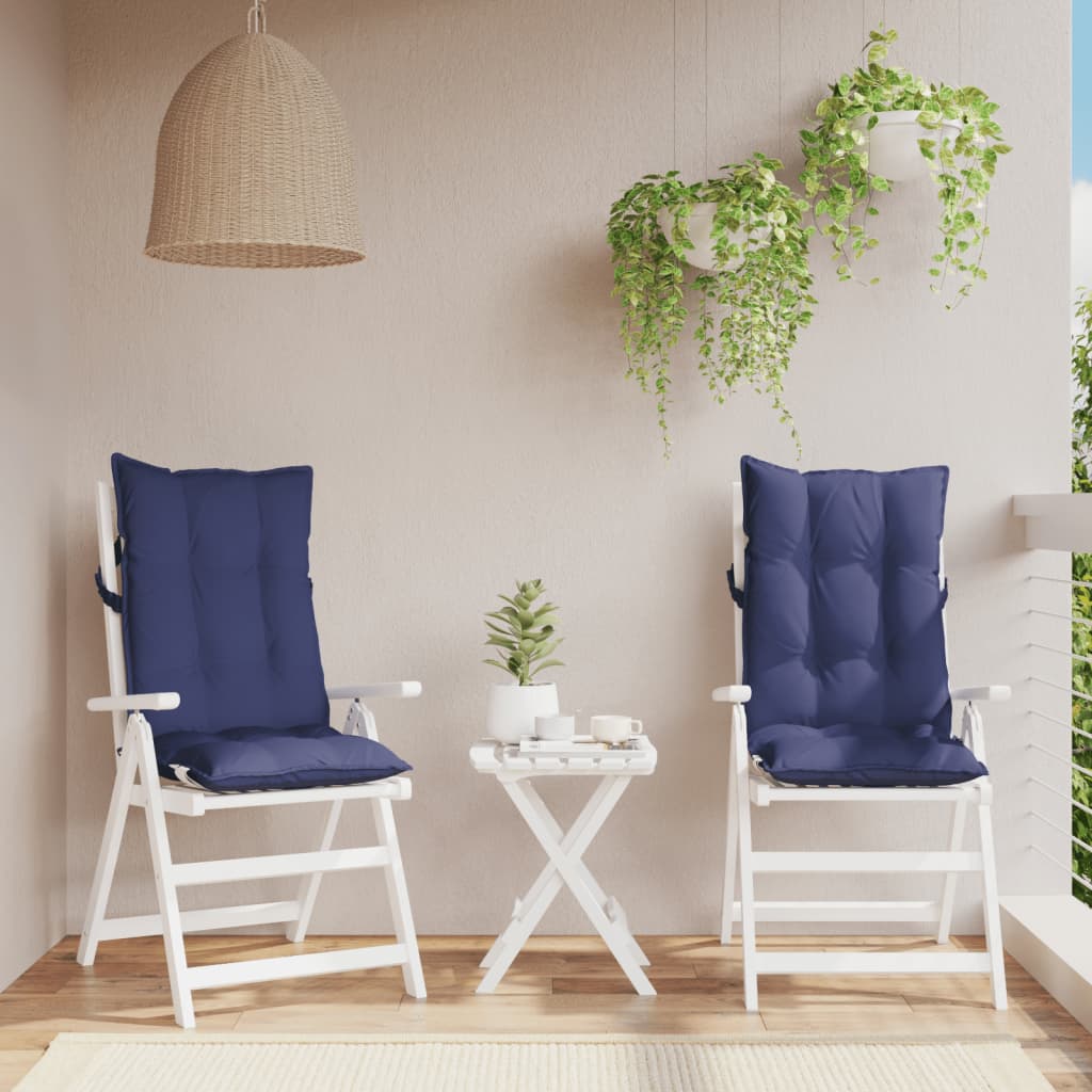 Navy blue highback chair cushions made of durable Oxford fabric with non-slip straps.