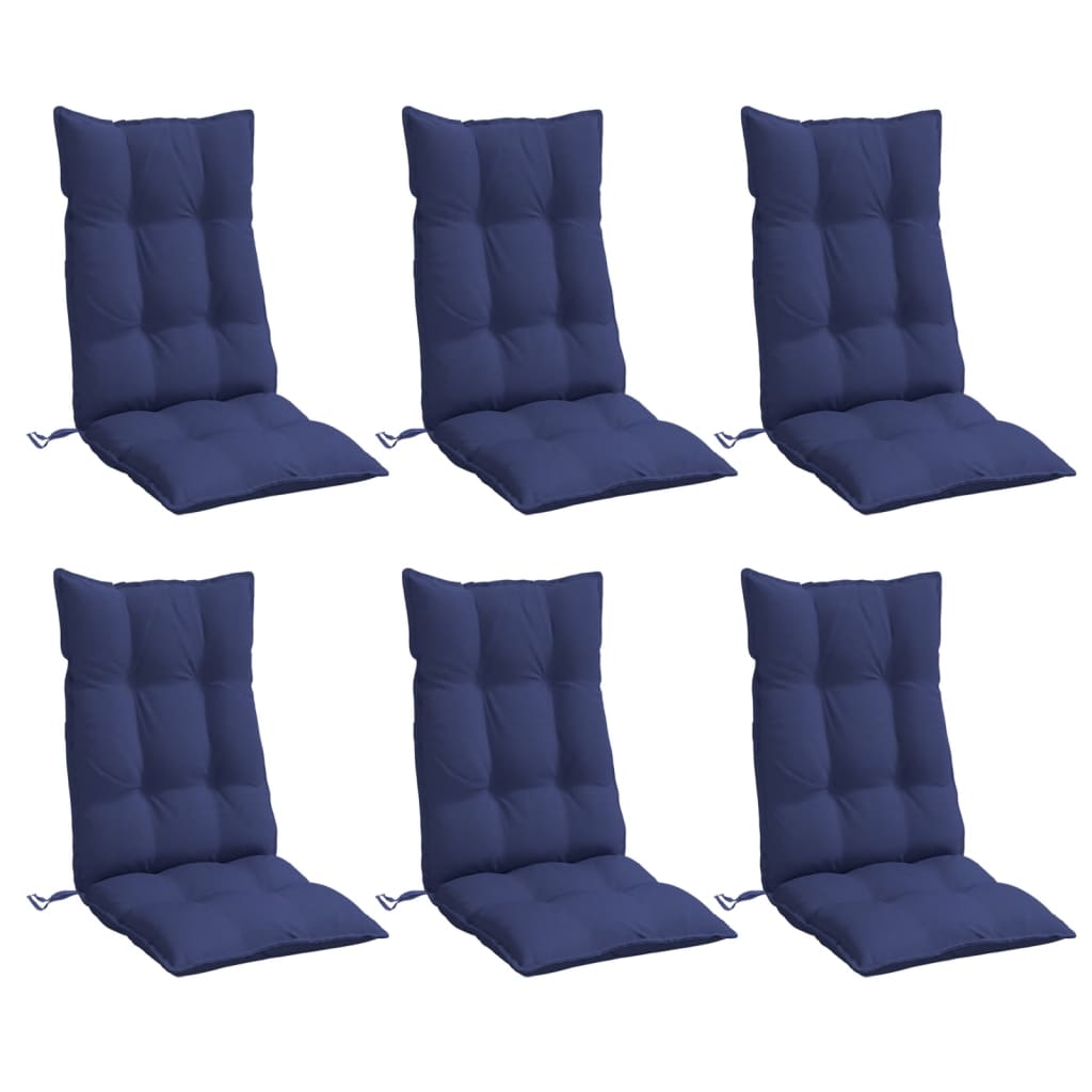 Navy blue highback chair cushions in a pack of six, made from durable Oxford fabric.