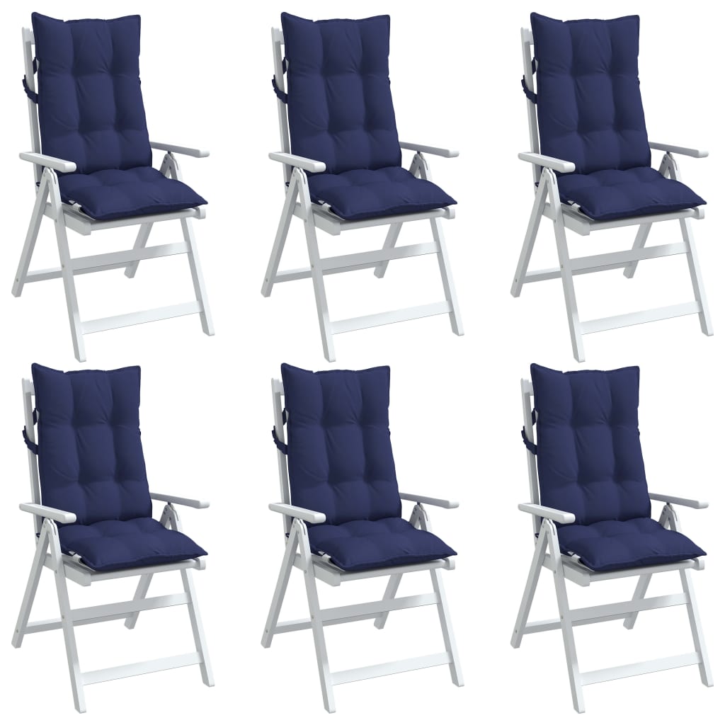 Navy blue highback chair cushions in a pack of six, made from water-resistant Oxford fabric.