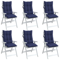 Navy blue highback chair cushions in a pack of six, made from water-resistant Oxford fabric.