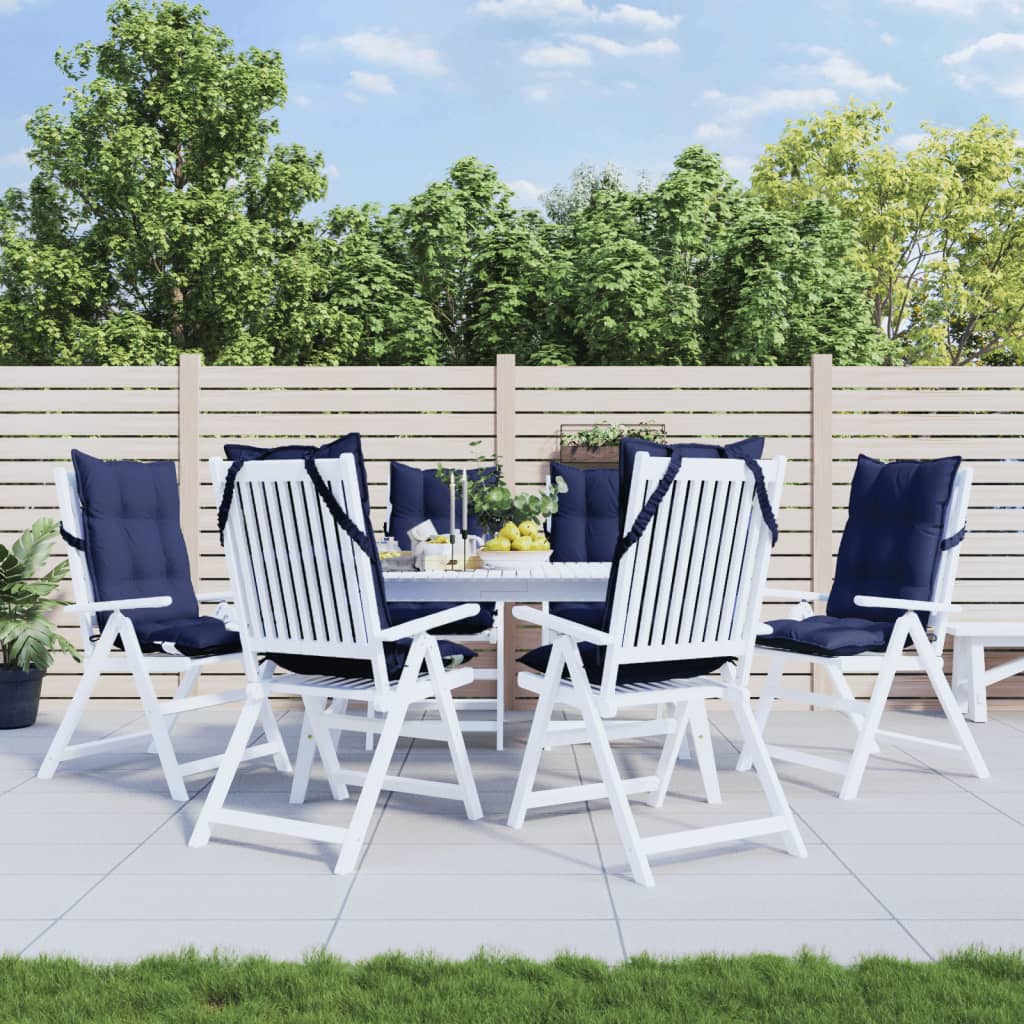 Navy blue highback chair cushions in a pack of six, made from durable Oxford fabric.