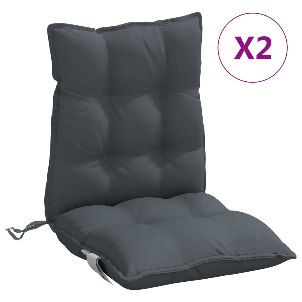Two anthracite Oxford fabric lowback chair cushions with tufted design and straps.