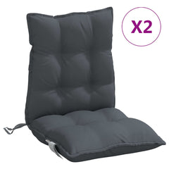 Two anthracite Oxford fabric lowback chair cushions with tufted design and straps.