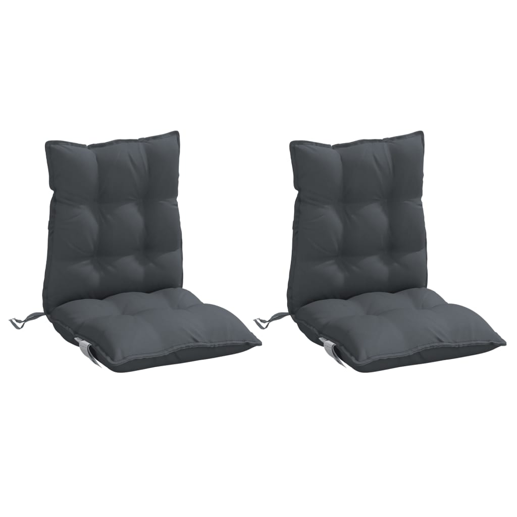 Two anthracite Oxford fabric lowback chair cushions with tufted seats and ties.