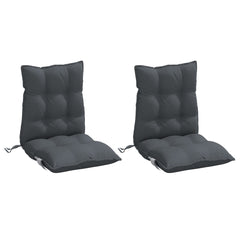 Two anthracite Oxford fabric lowback chair cushions with tufted seats and ties.
