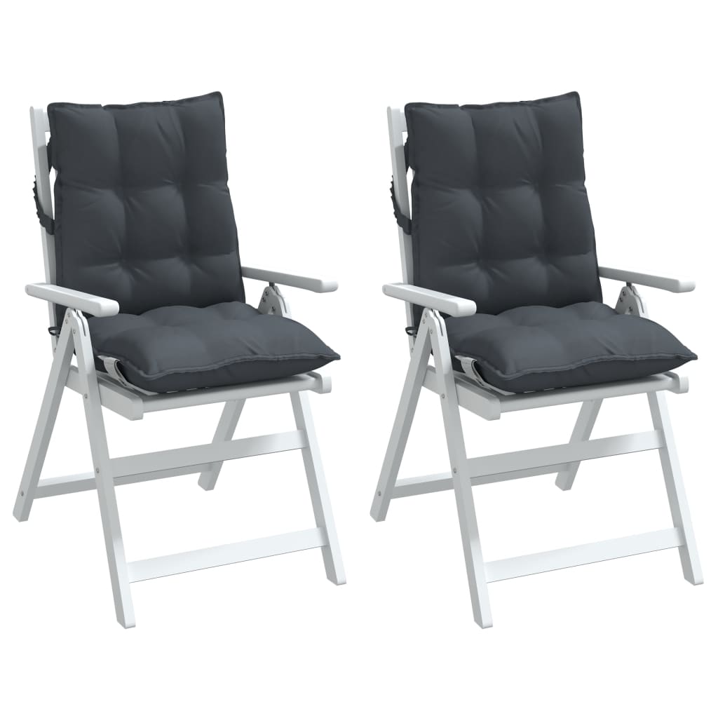 Two anthracite Oxford fabric lowback chair cushions with straps for outdoor or indoor use