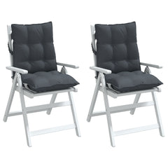 Two anthracite Oxford fabric lowback chair cushions with straps for outdoor or indoor use