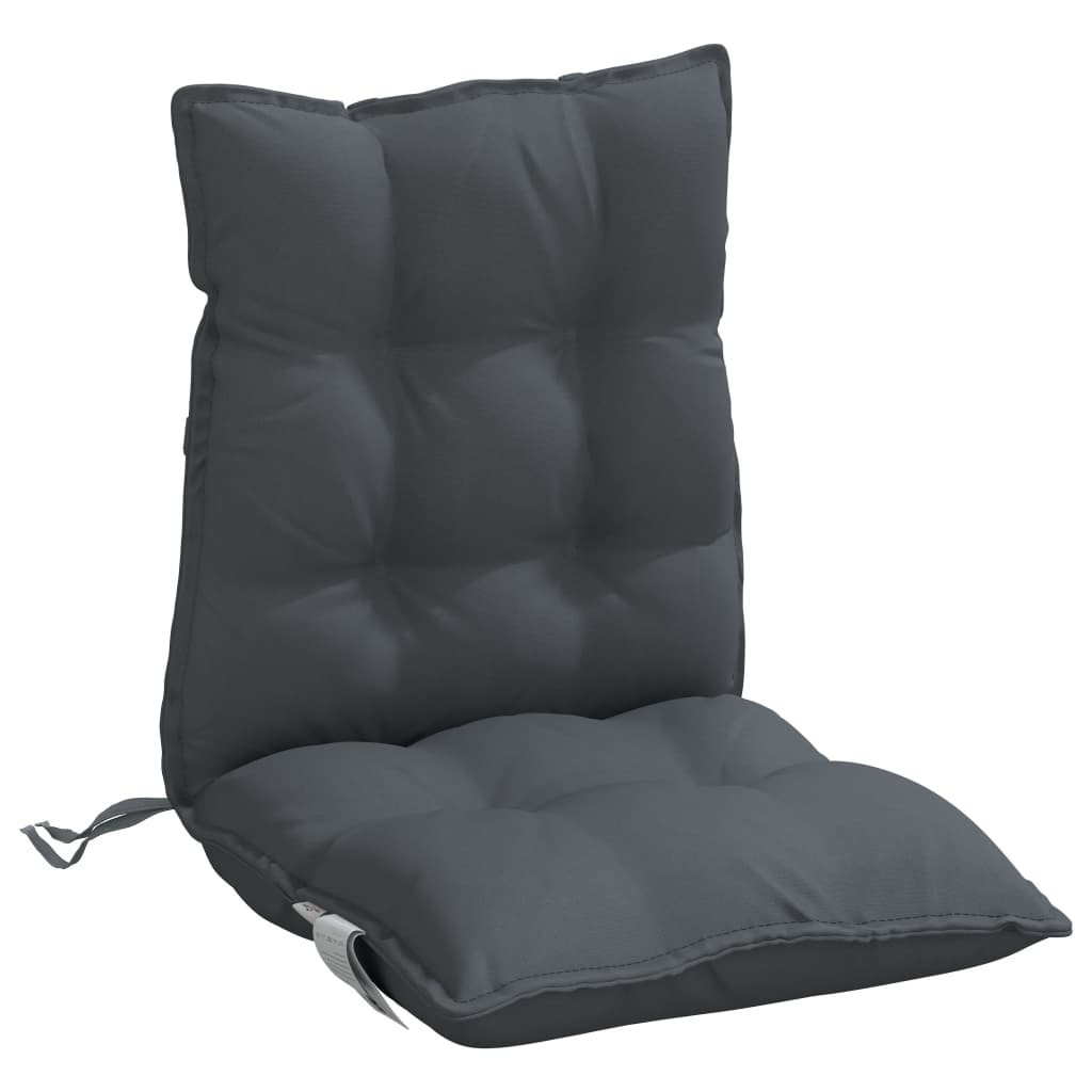 Two anthracite Oxford fabric lowback chair cushions with tufted padding and straps.