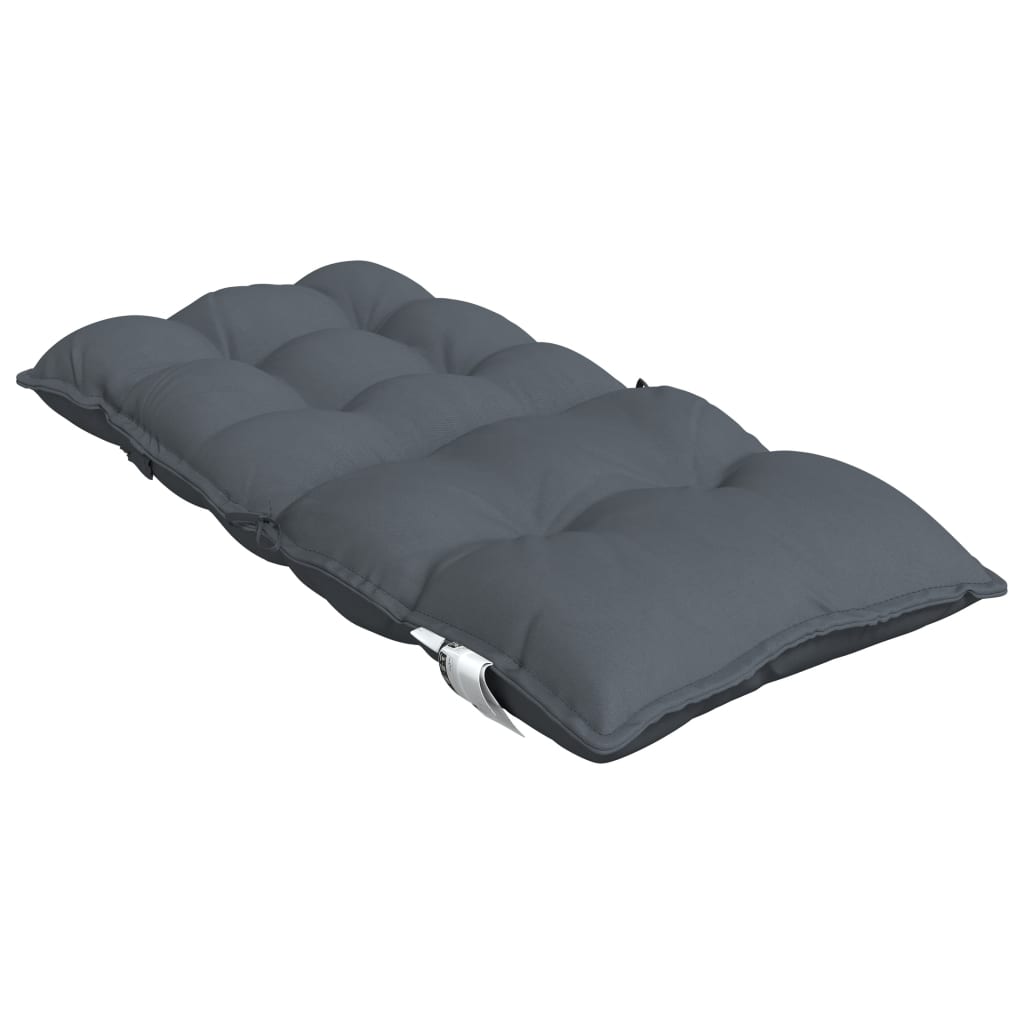 Two anthracite Oxford fabric lowback chair cushions with tufted padding and securing straps.