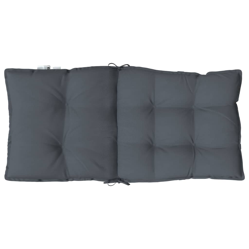 Two anthracite Oxford fabric lowback chair cushions with tufted design and tie straps.